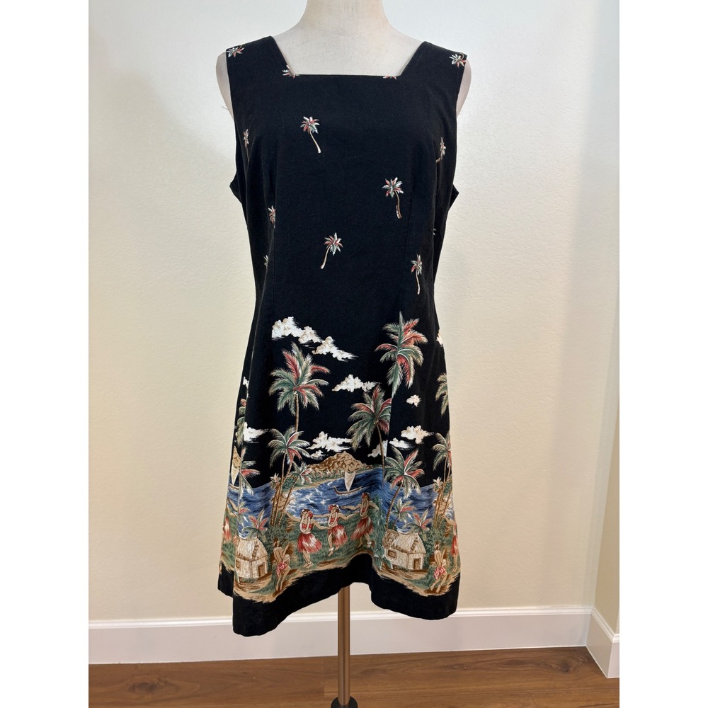 Vtg 90s Shannon Marie Shift Dress Womens XL/14 Black Hawaiian Hula Print